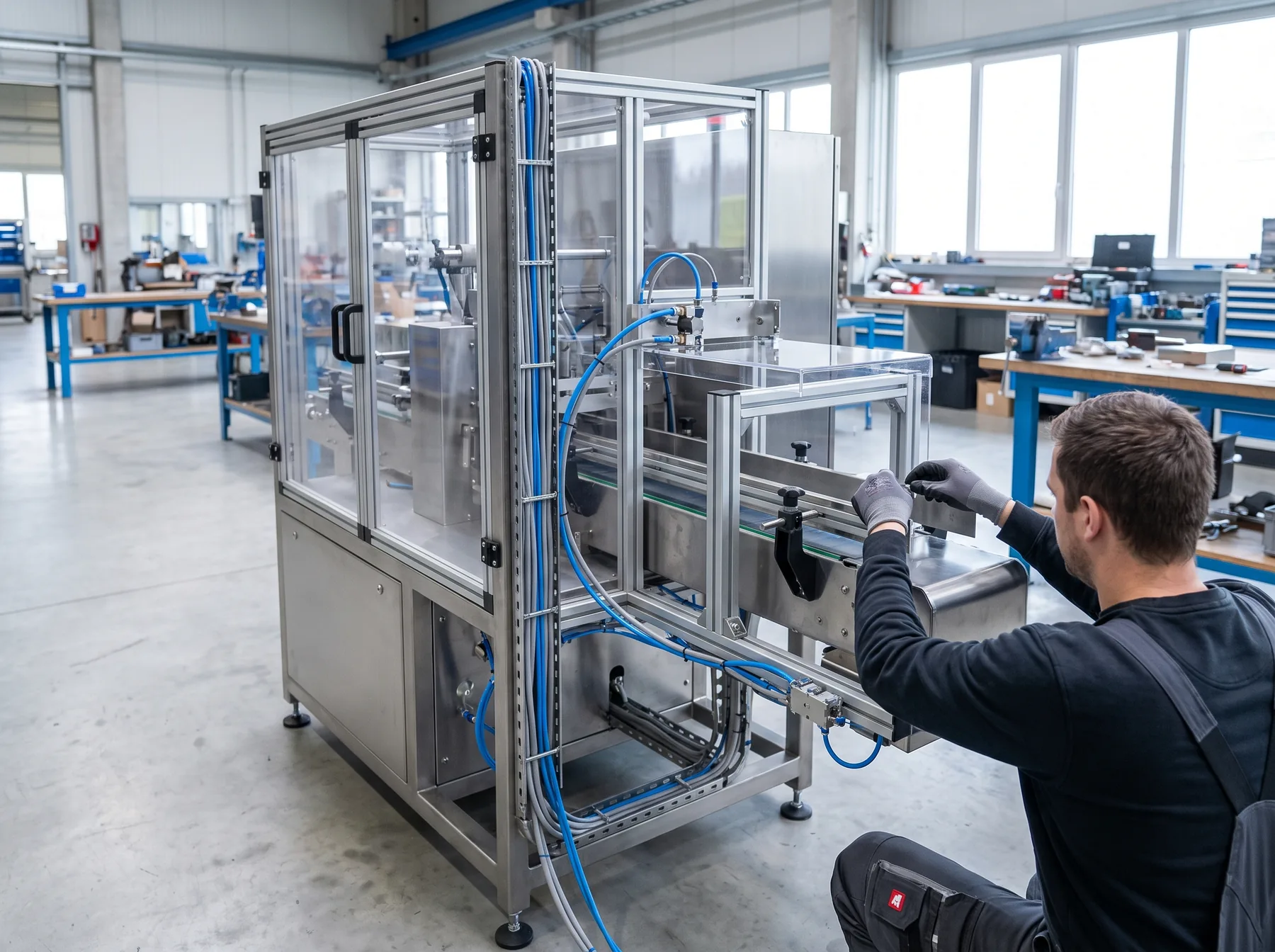 Sondermaschine aus Edelstahl mit Förderstrecke und Schutzverkleidung in der Endmontage