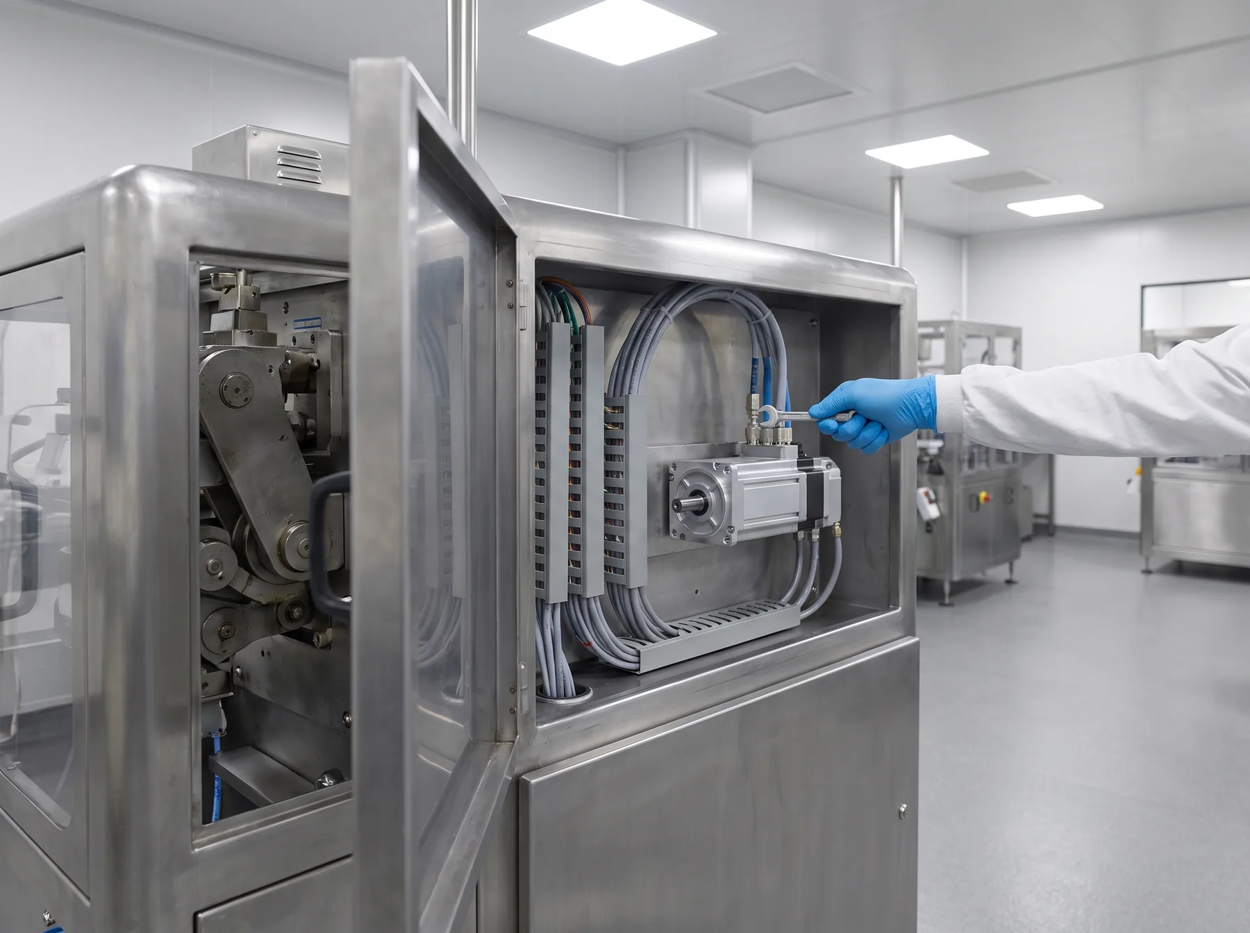 Geöffnete Verpackungsmaschine aus Edelstahl mit neu eingebautem Servoantrieb und neuer Verkabelung