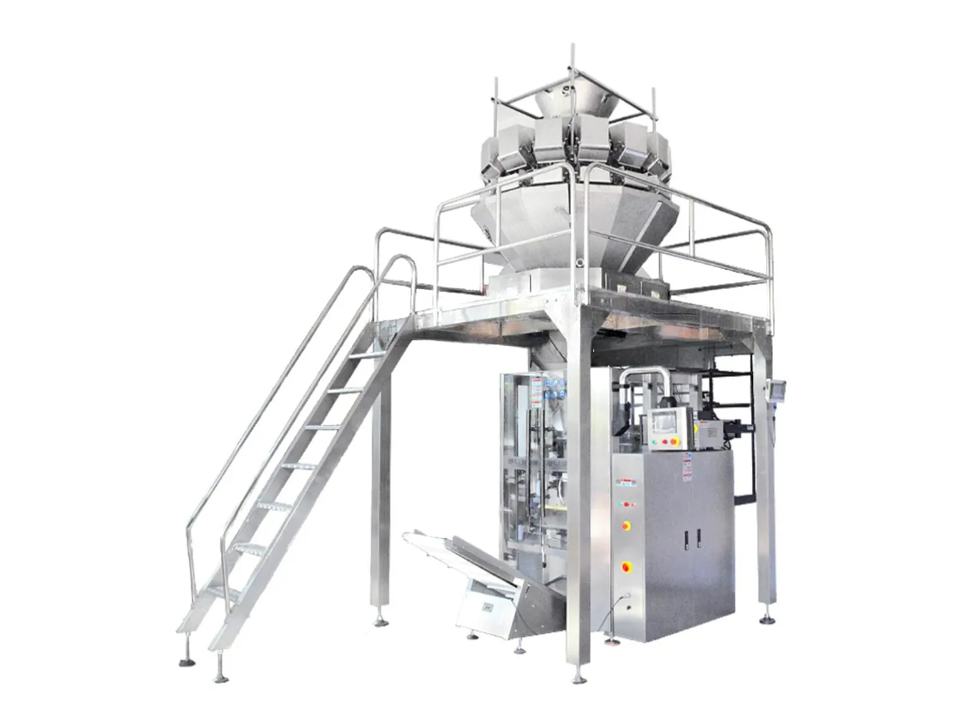Beutelfüllmaschine mit Mehrkopfwaage – Mehrkopfwaage auf Bühne über der Beutelmaschine: Wiegen, Beutelformen, Siegeln, Datumsdruck