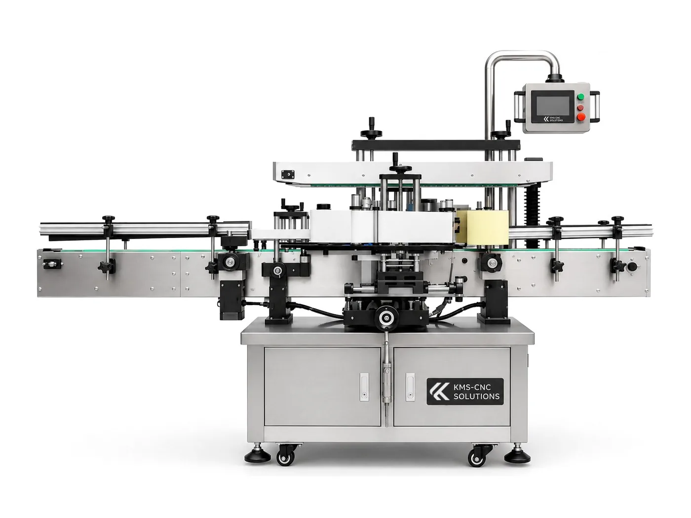 Doppelseitige Etikettiermaschine – Etiketten auf zwei Seiten flacher, eckiger und runder Behälter, optional mit Farbbanddrucker