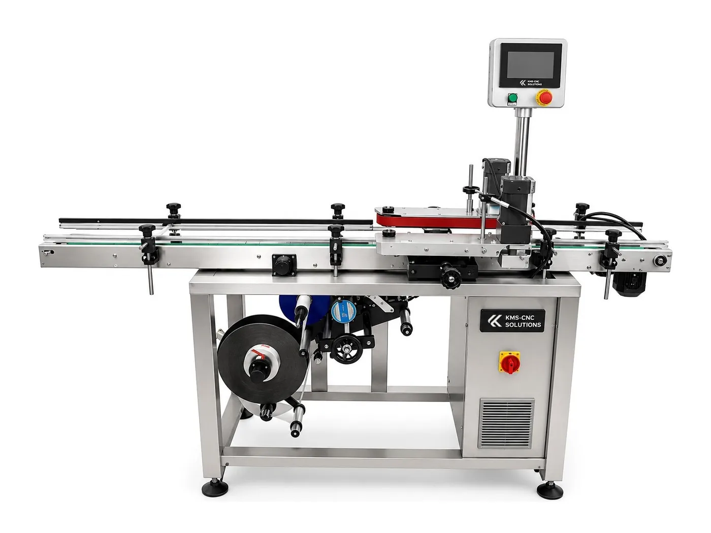 Etikettiermaschine für flache Bodenflächen – Etikettiert die Unterseite flacher Produkte wie Schachteln, Dosen und Schalen im Durchlauf