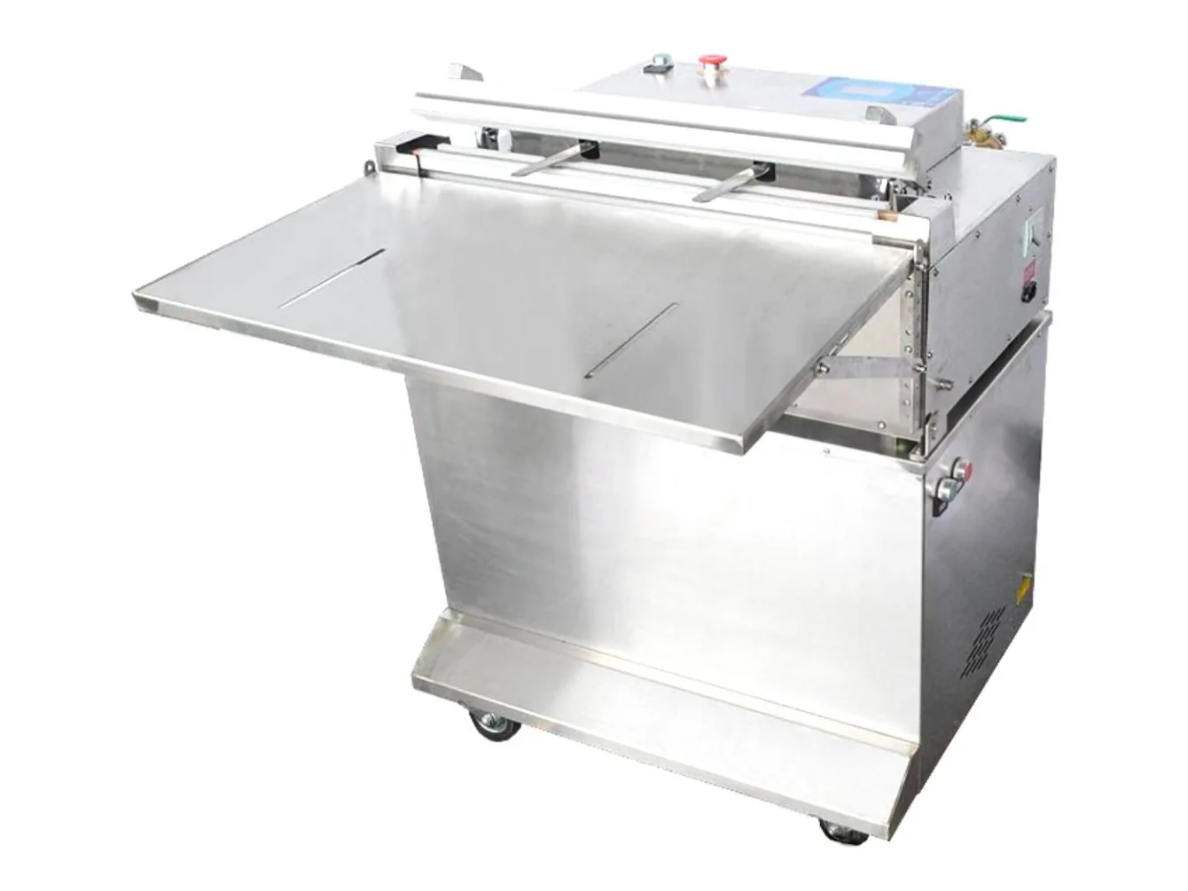 Externe Vakuumverpackungsmaschine – Vakuumieren und Versiegeln von Beuteln außerhalb einer Kammer, fahrbar mit Ablagetisch