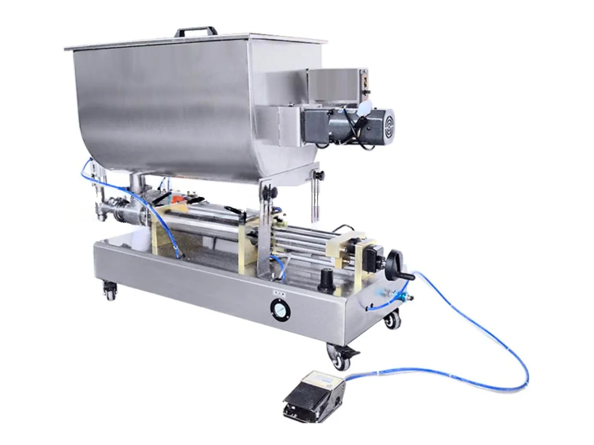 Halbautomatische Kolben-Flüssigkeitsabfüllmaschine mit Rührwerk – Halbautomatische Kolbenfüllung viskoser Produkte wie Pasten, Honig und Soßen, mit Fußpedal