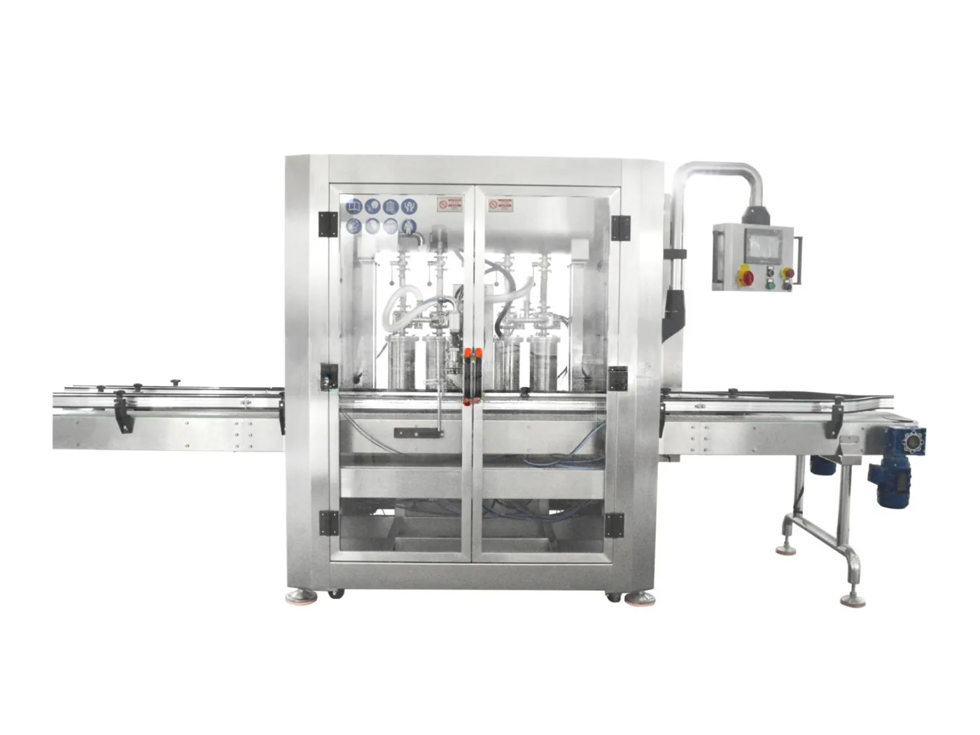 Kolben-Flüssigkeitsabfüllmaschine mit Doppelkopf und vier Zylindern – Kolbenfüllung viskoser Produkte wie Pasten, Honig, Marmelade und Öl, mit Servomotorantrieb