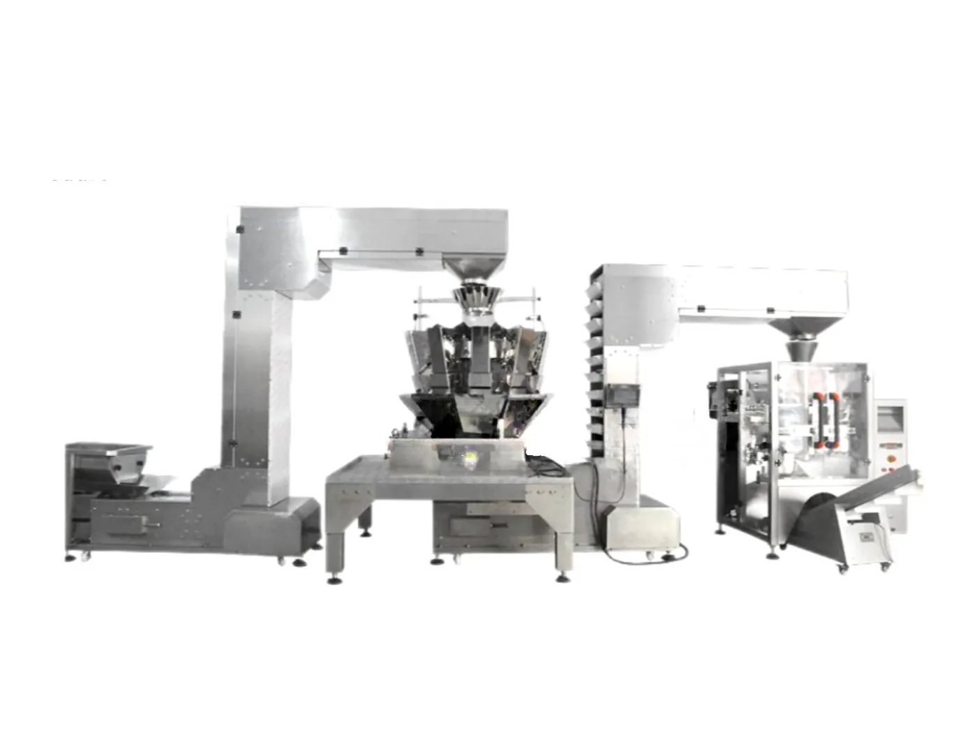 Mehrkopf-Wiege- und Verpackungsmaschine für Granulat mit Becherwerk – Linie aus Becherwerk, Mehrkopfwaage und Beutelmaschine für Süßigkeiten, Nüsse und Reis