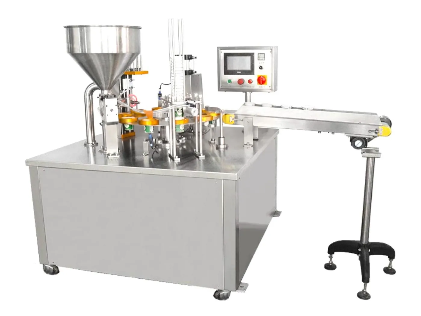 Rotations-Versiegelungsmaschine für Kunststoffbecher – Rundläufer für Becher: Zuführung, Befüllen, Deckelzuführung, Versiegeln und Ausgabe