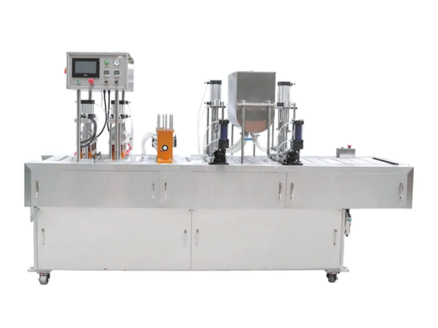 Schalenversiegelungsmaschine – Becherzuführung, Befüllen, Folienzuführung, Heißsiegeln und Ausgabe im linearen Durchlauf