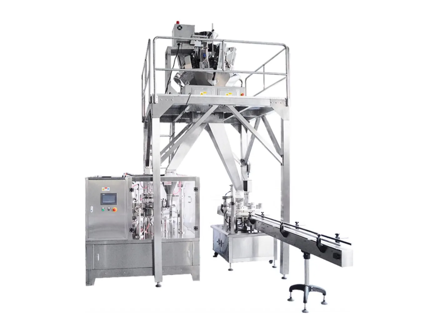 Verpackungsmaschine für Granulat in vorgefertigten Beuteln – Mehrkopfwaage beschickt Beutelverpackung und Flaschenabfüllung, z. B. für Nüsse und Chips