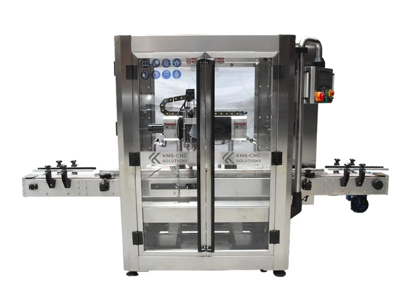 Verschließmaschine mit mitlaufendem Verschließkopf – Für Schraubverschlüsse und Metalldeckel, der Verschließmechanismus folgt den laufenden Flaschen
